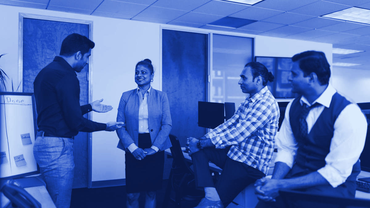 A team in discussion in a professional office